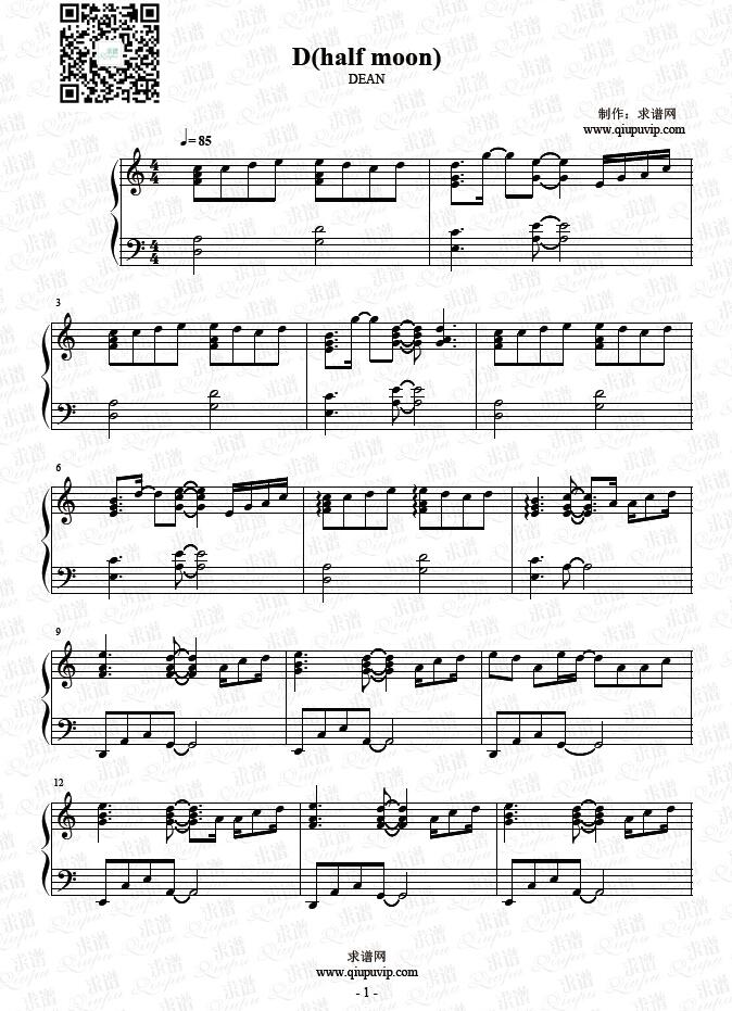 《D(half moon)》钢琴谱由求谱网制作，并提供《D(half moon)》钢琴曲在线试听，《D(half moon)》钢琴谱（五线谱）下载